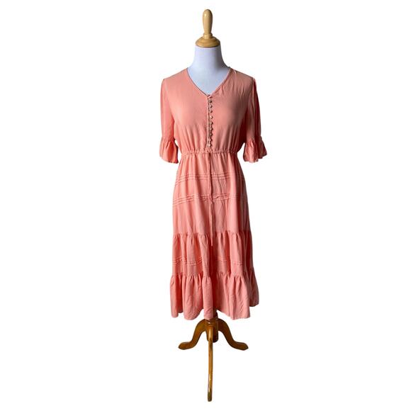 Sweet Salt Salmon Colored Tie Waist Tiered Midi Dress- Size 12 - Picture 1 of 6